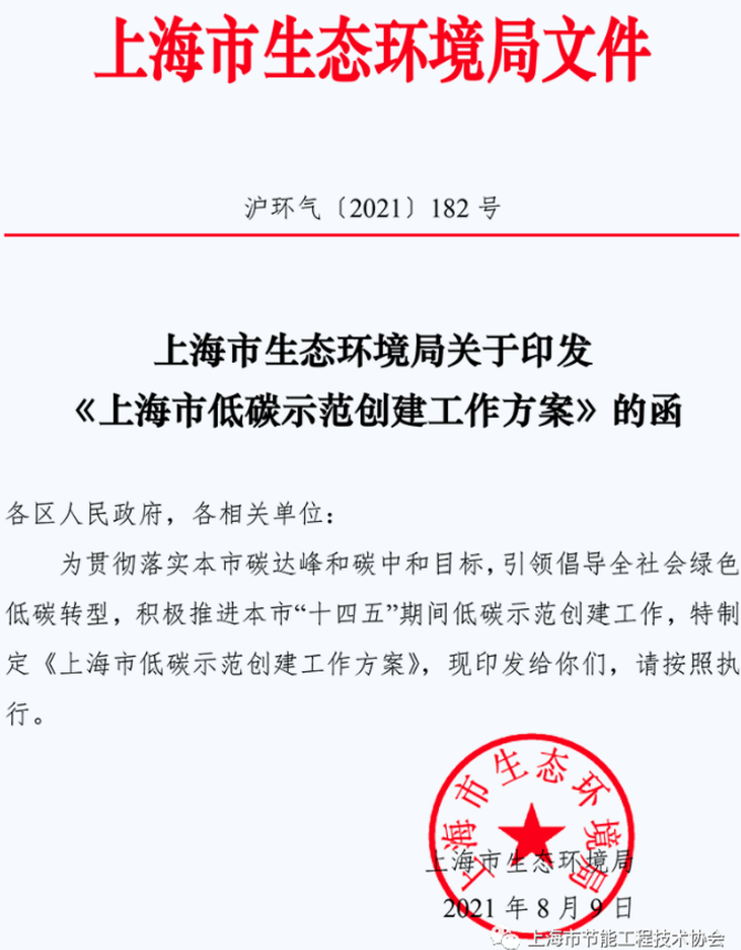 上海市生態環境局印發《上海市低碳示范創建工作方案》